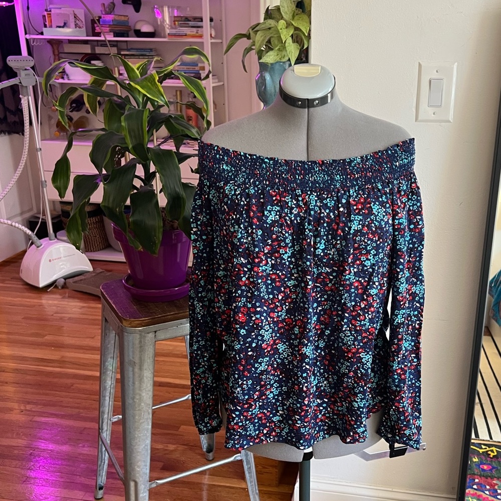 Parker Floral Blue Off The Shoulder, elastic puff sleeves, very SATC, Size L
